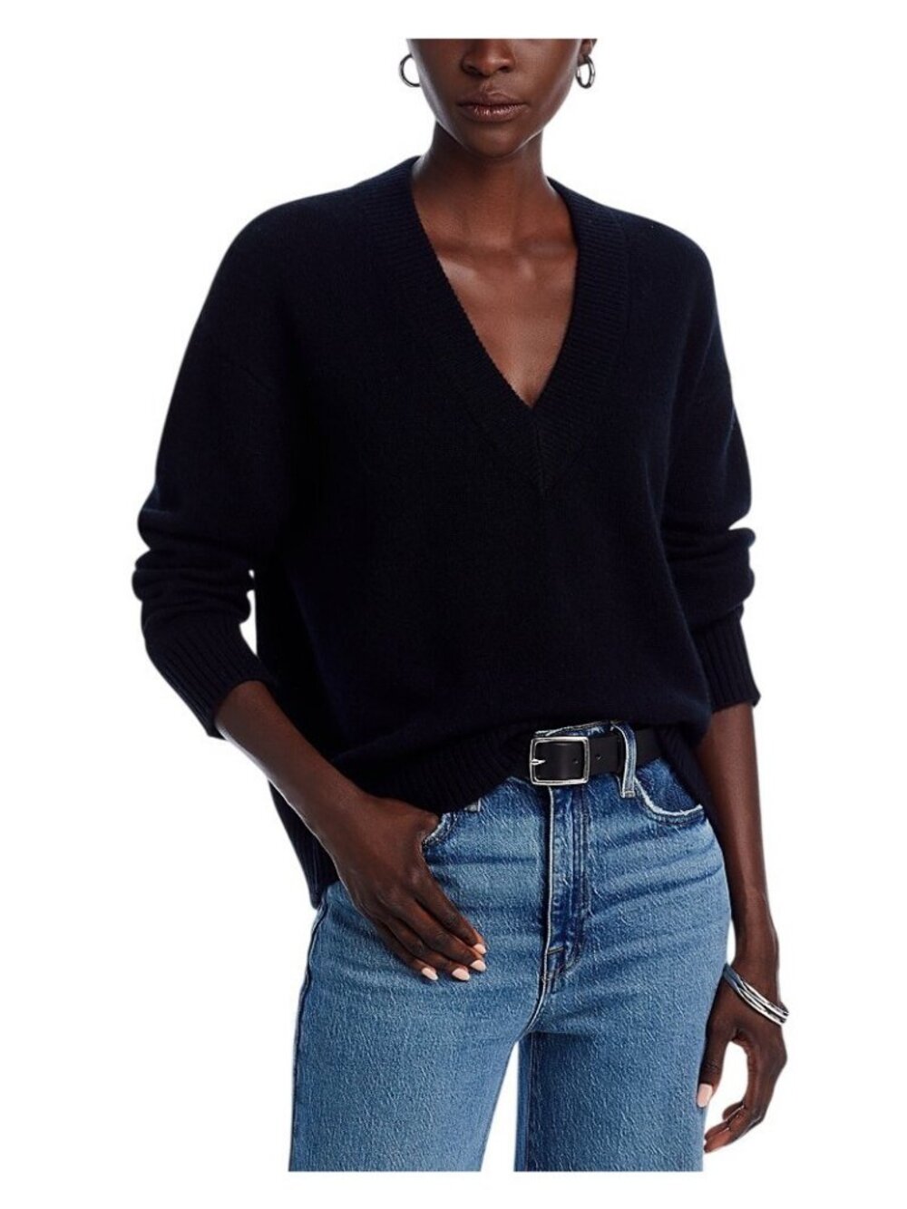 NWT Aqua Womens 100% Cashmere Drop Shoulder V-Neck Sweater Black XS